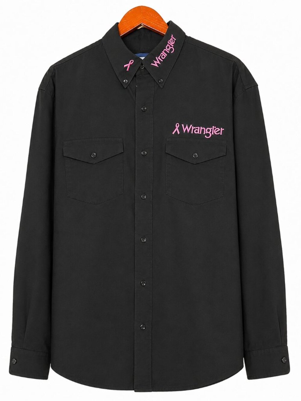 Wrangler Men's XL Western Button Up Shirt Black Pink Breast Cancer Ribbon Cotton